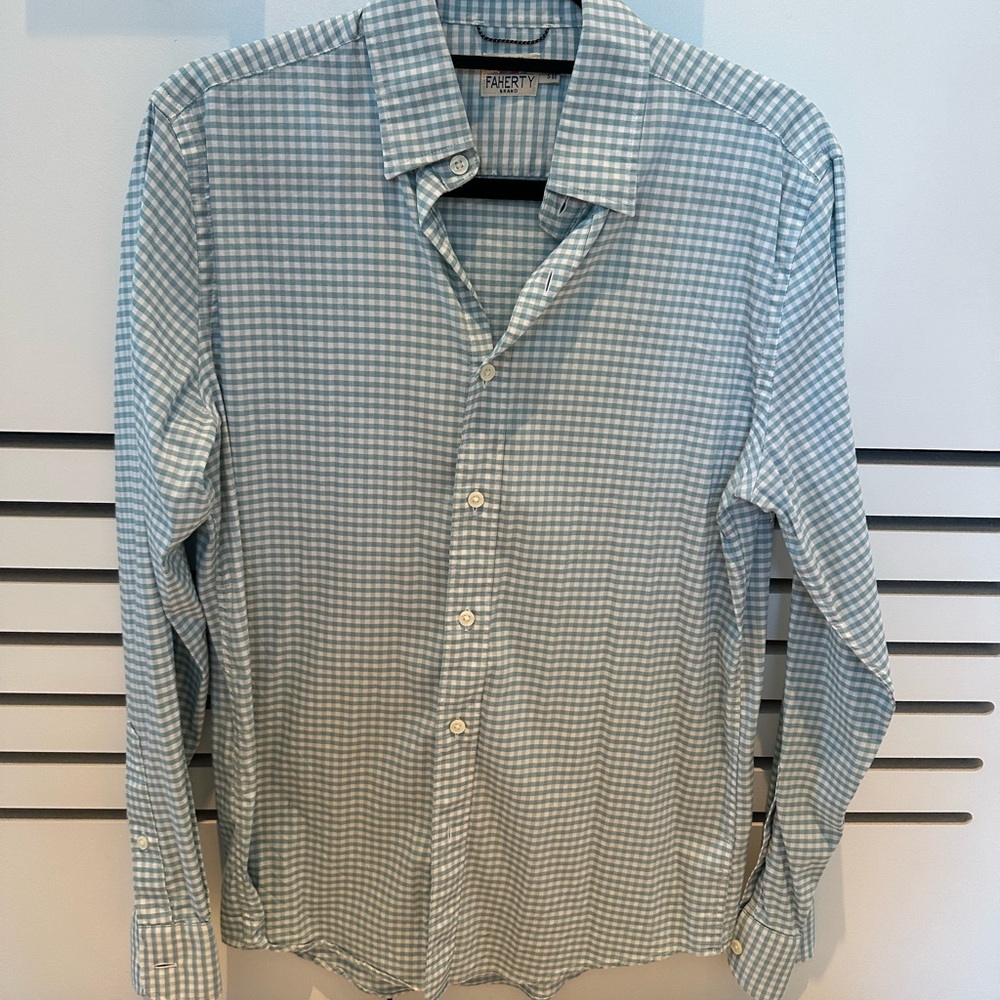 Faherty Light Teal Checkered Button Down Movement Shirt